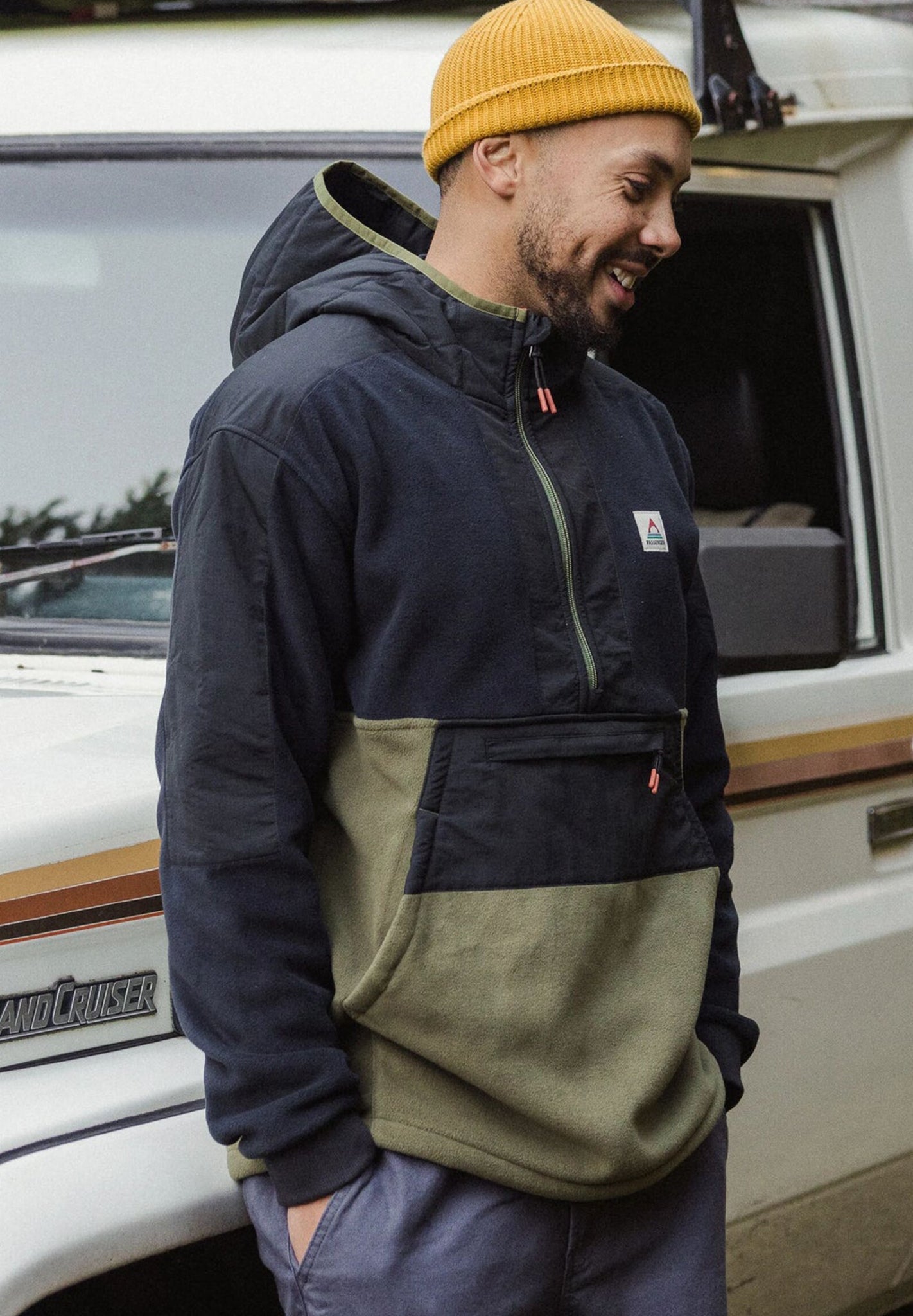 PASSENGER - Woodland Hooded 1/2 Zip Recycled Polar Fleece - Black Khaki - BACKYARD