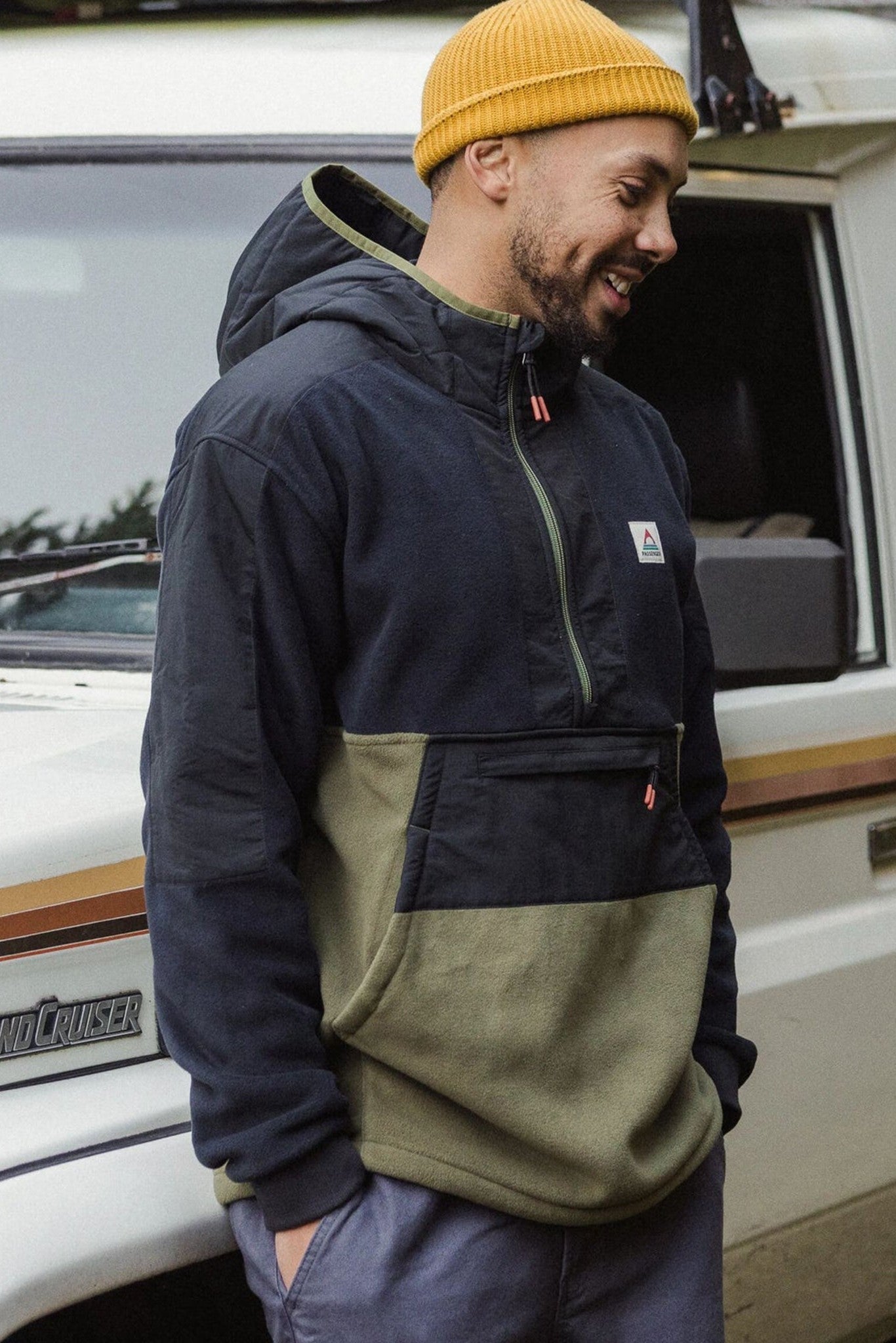 PASSENGER - Woodland Hooded 1/2 Zip Recycled Polar Fleece - Black Khaki - BACKYARD