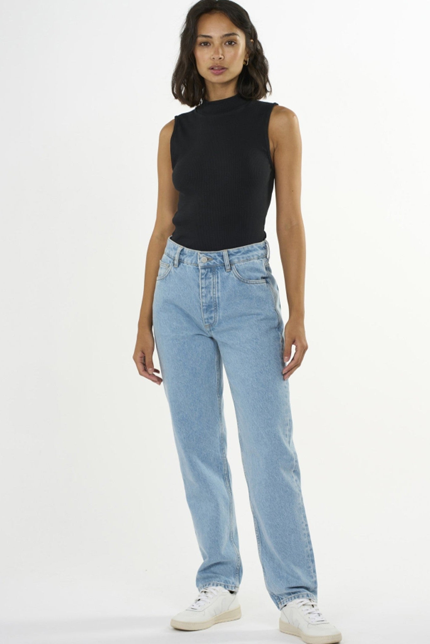 KNOWLEDGE COTTON - High Neck Rib Top - Black Jet - BACKYARD