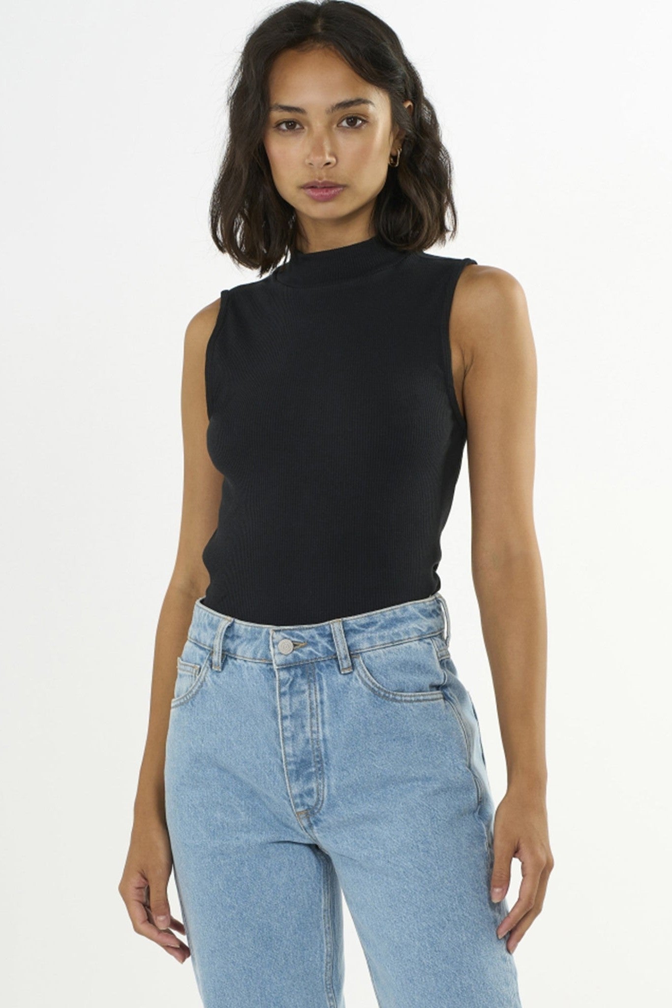 KNOWLEDGE COTTON - High Neck Rib Top - Black Jet - BACKYARD