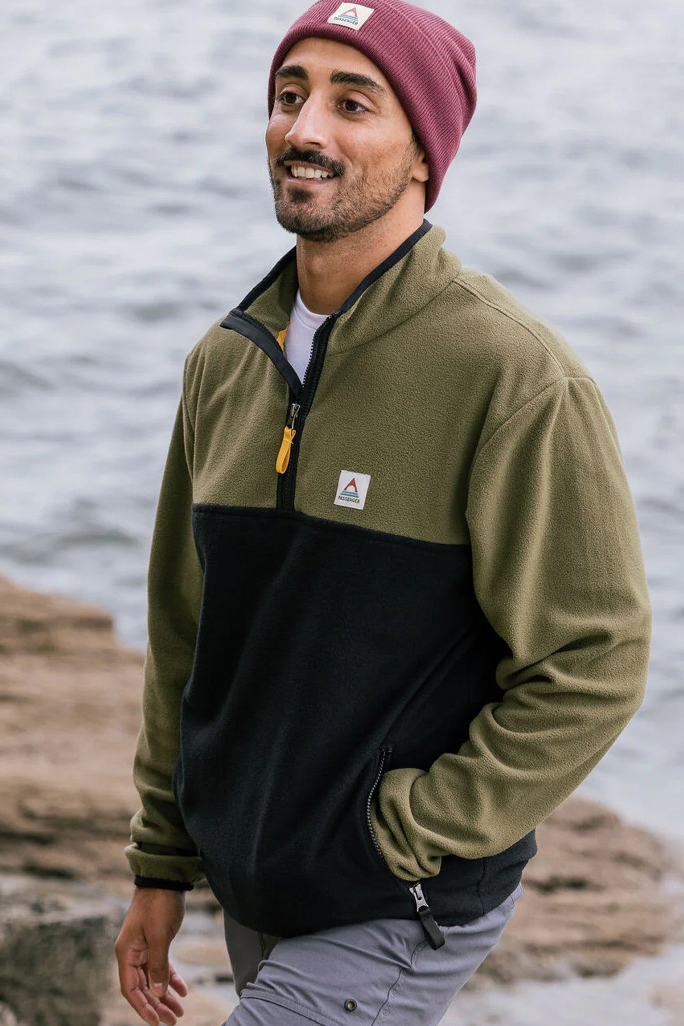 PASSENGER - Set Off Recycled Polar 1/4 Zip Fleece - Khaki - BACKYARD
