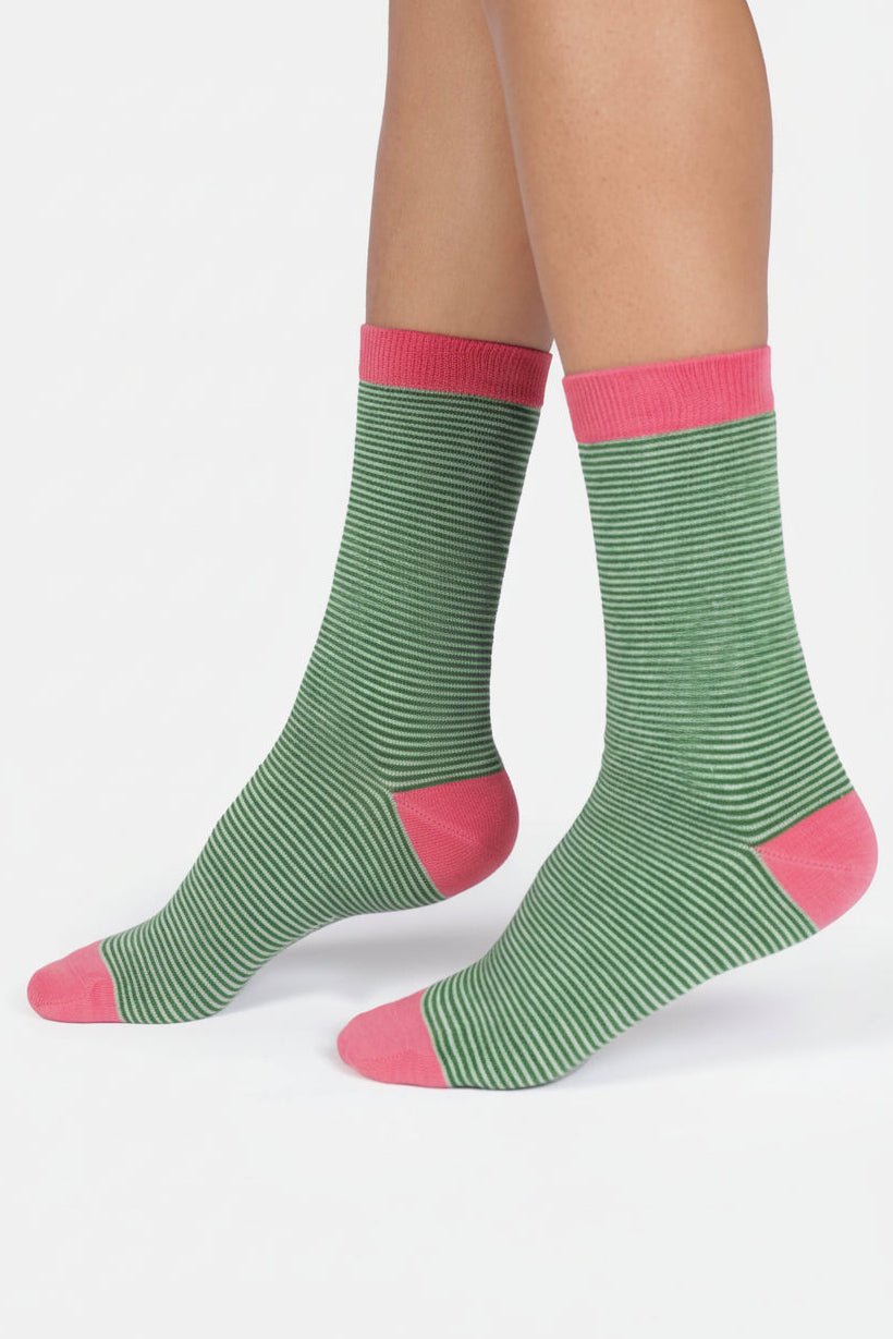 THOUGHT - Women’s Stripe Crew Socks - Olive Green - BACKYARD