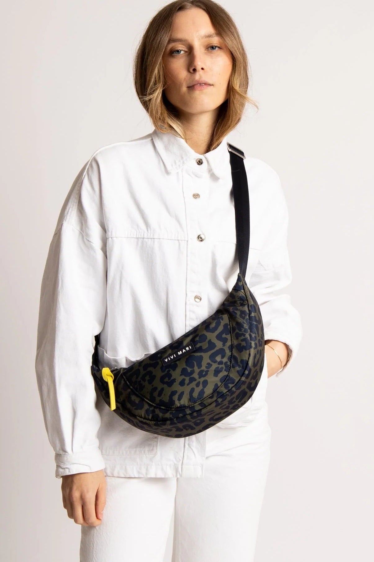 VIVI MARI-Padded Hip Bag Medium-Leo Splashes Navy Olive-BACKYARD